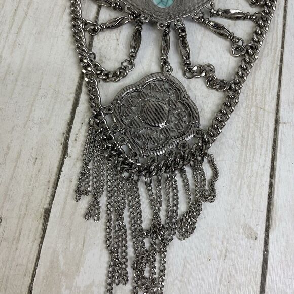 Bohemian Silver Tone Chain Necklace Turquoise & Red Stones Adjustable Length - Picture 9 of 10